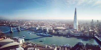 Aerial view of London including the river Thames and the Shard