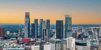 View of Manchester skyline at sunrise