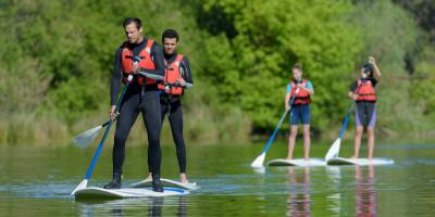 Group of four adults standing on paddle boards on an open lake