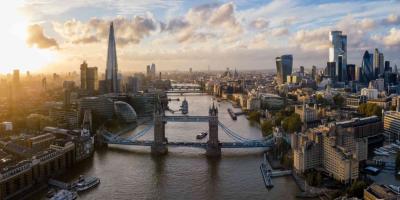 London skyline showing Tower Bridge, The Shard and other skyscraper buildings