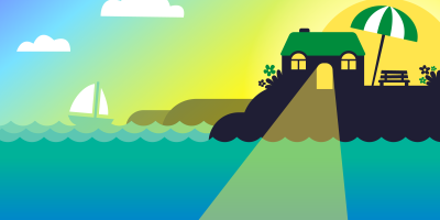 Save on your next YHA stay with hot deals Illustration of a hostel building near the coast in summer