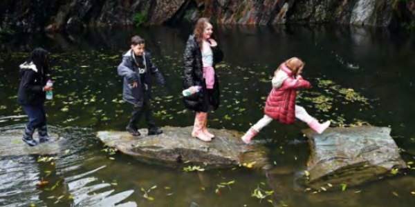 Children crossing stepping stones over a river