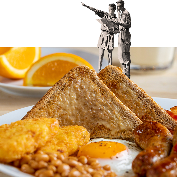 Cooked full English breakfast with illustration of walkers stood on a piece of toast