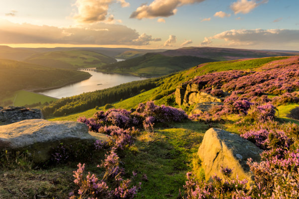 Arial view over the Peak District at sunrise