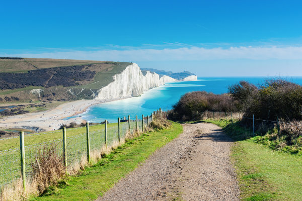 View of white cliffs in South Downs national park on a sunny day